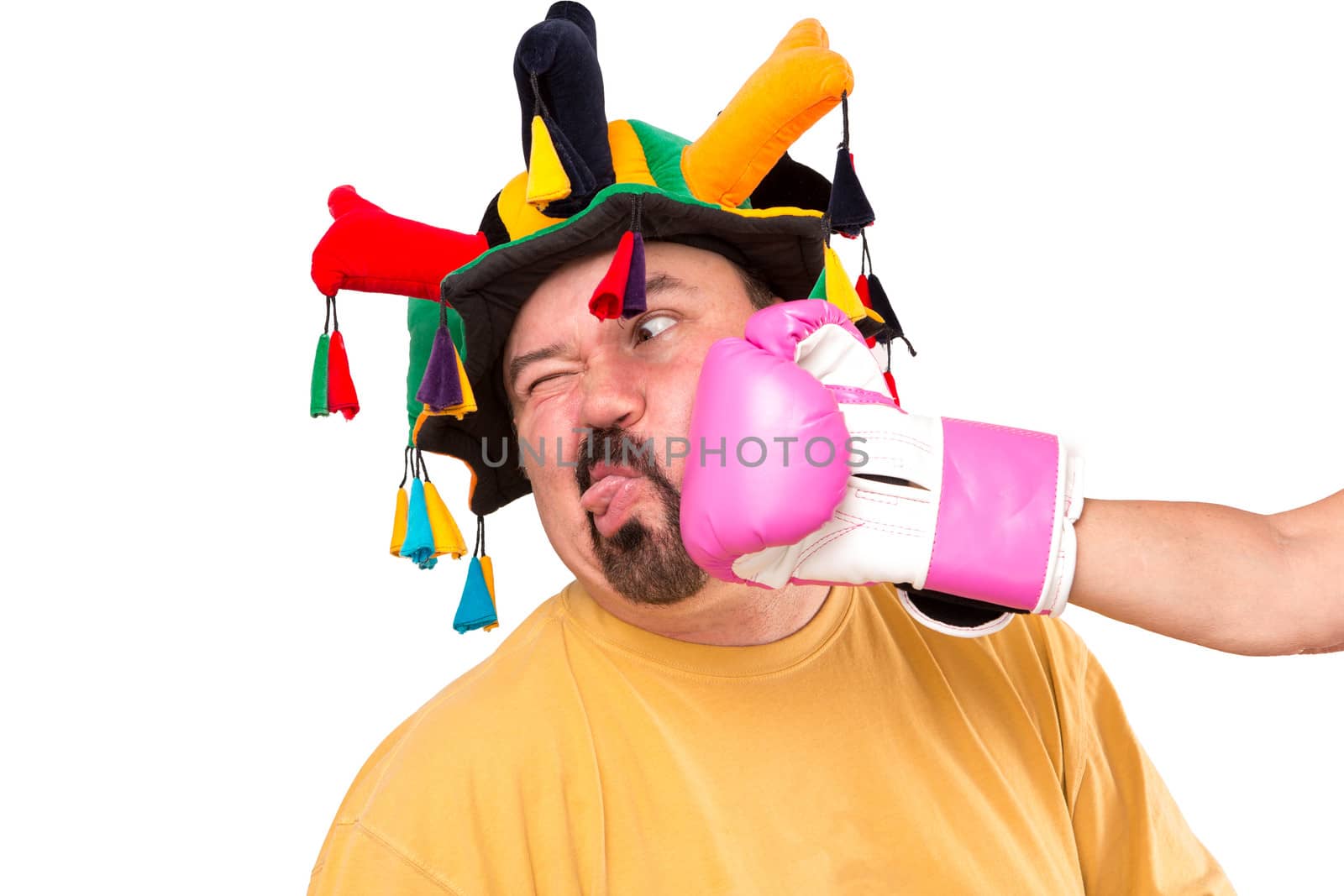 A jokester man got smashed by strong boxer, he is looking at copy space, isolated on white