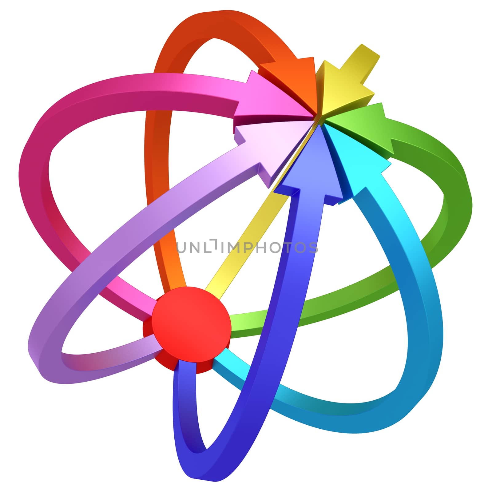 Colorful arrows pointing from red center to one target on white background. High resolution 3D image