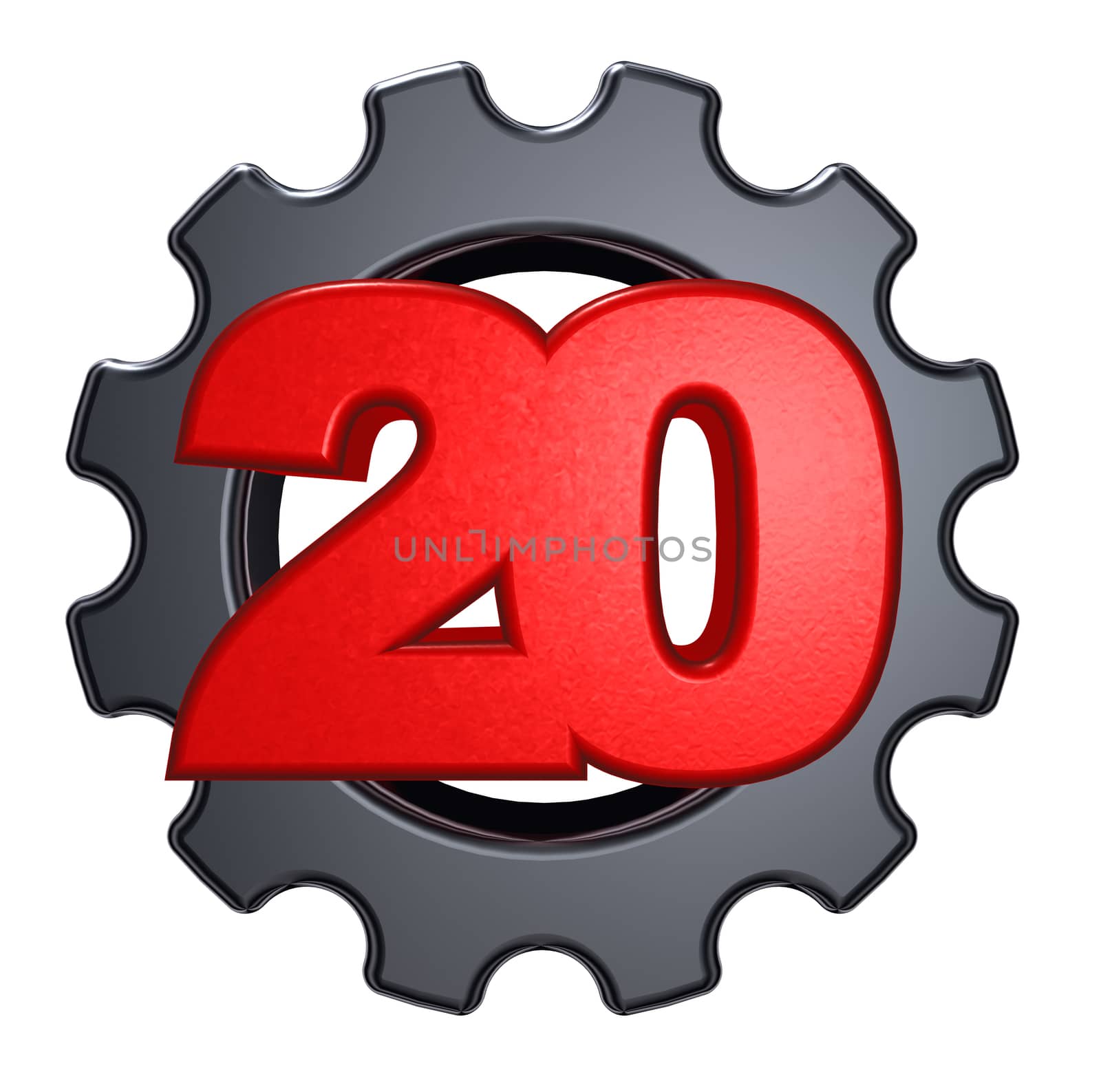 number twenty and gear wheel on white background - 3d illustration