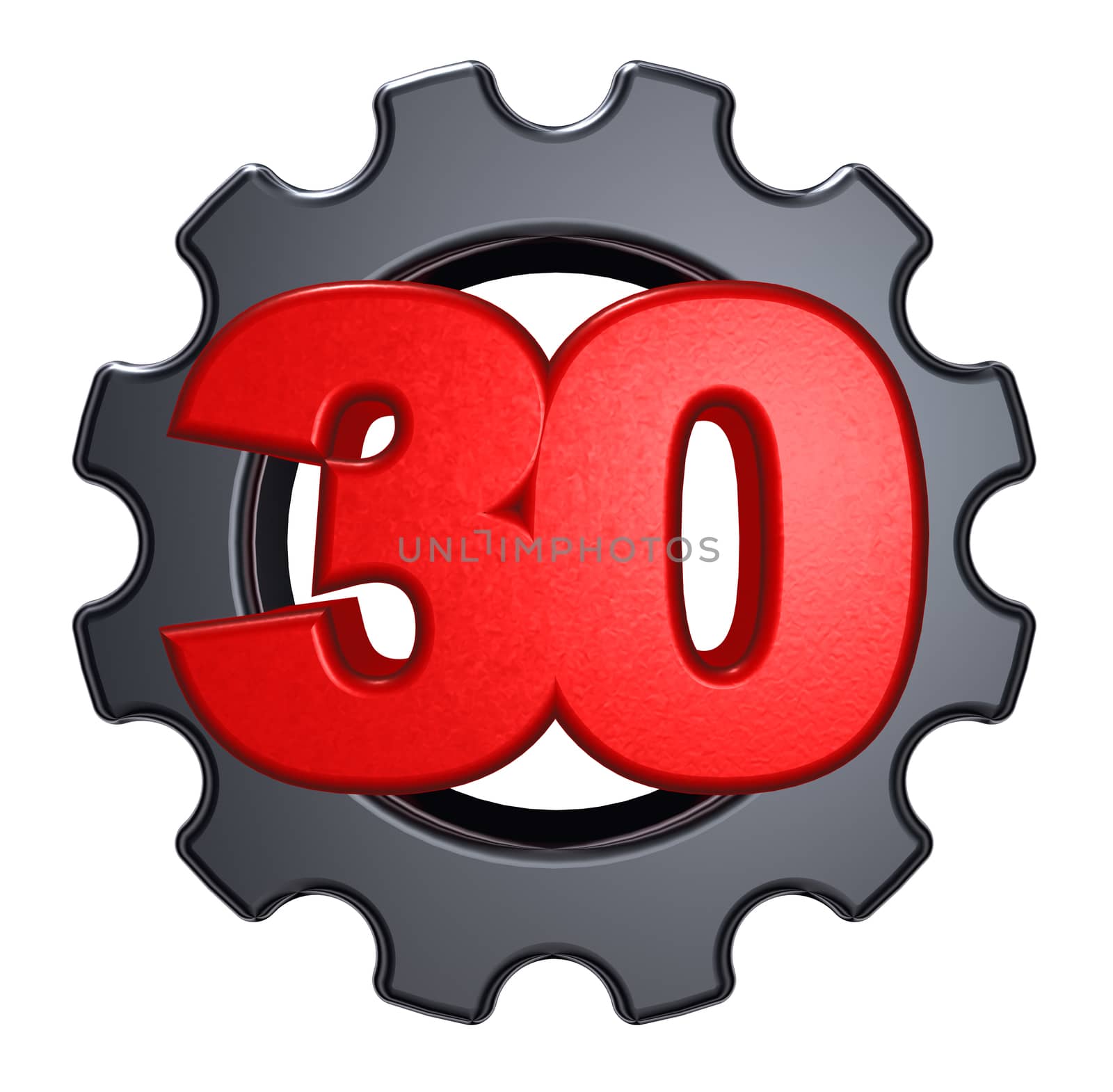 number thirty and gear wheel on white background - 3d illustration