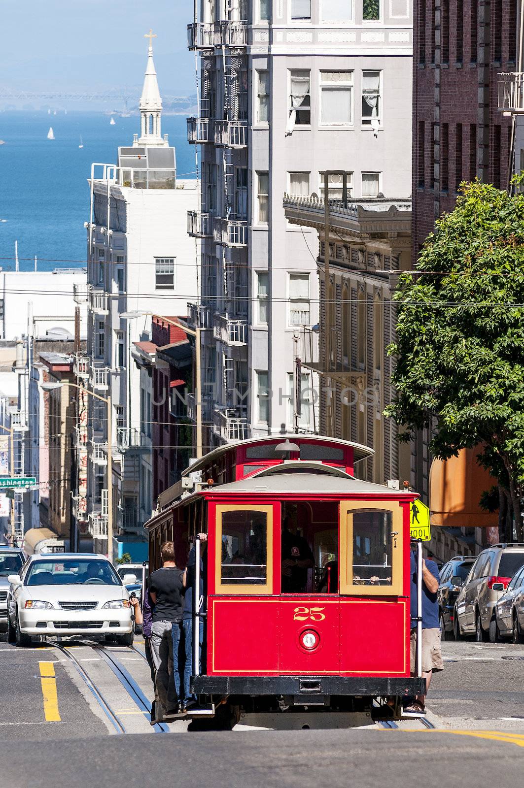 famous cable car on the street in San Francisco city