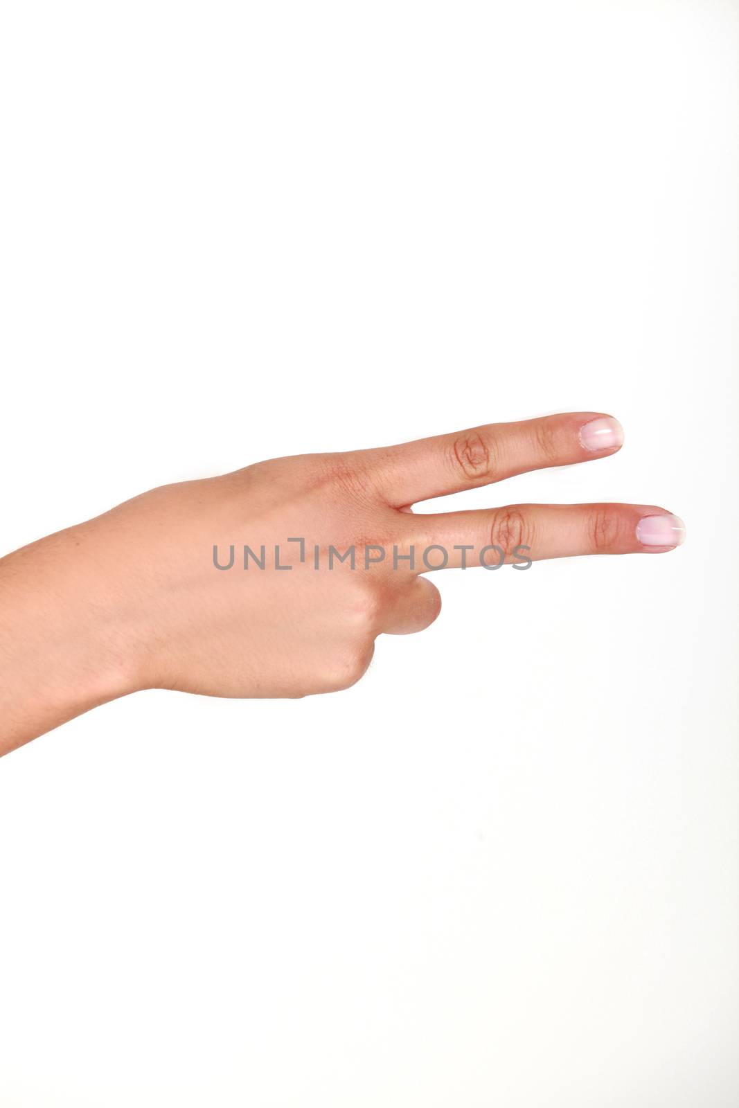 Human hand holding up two fingers