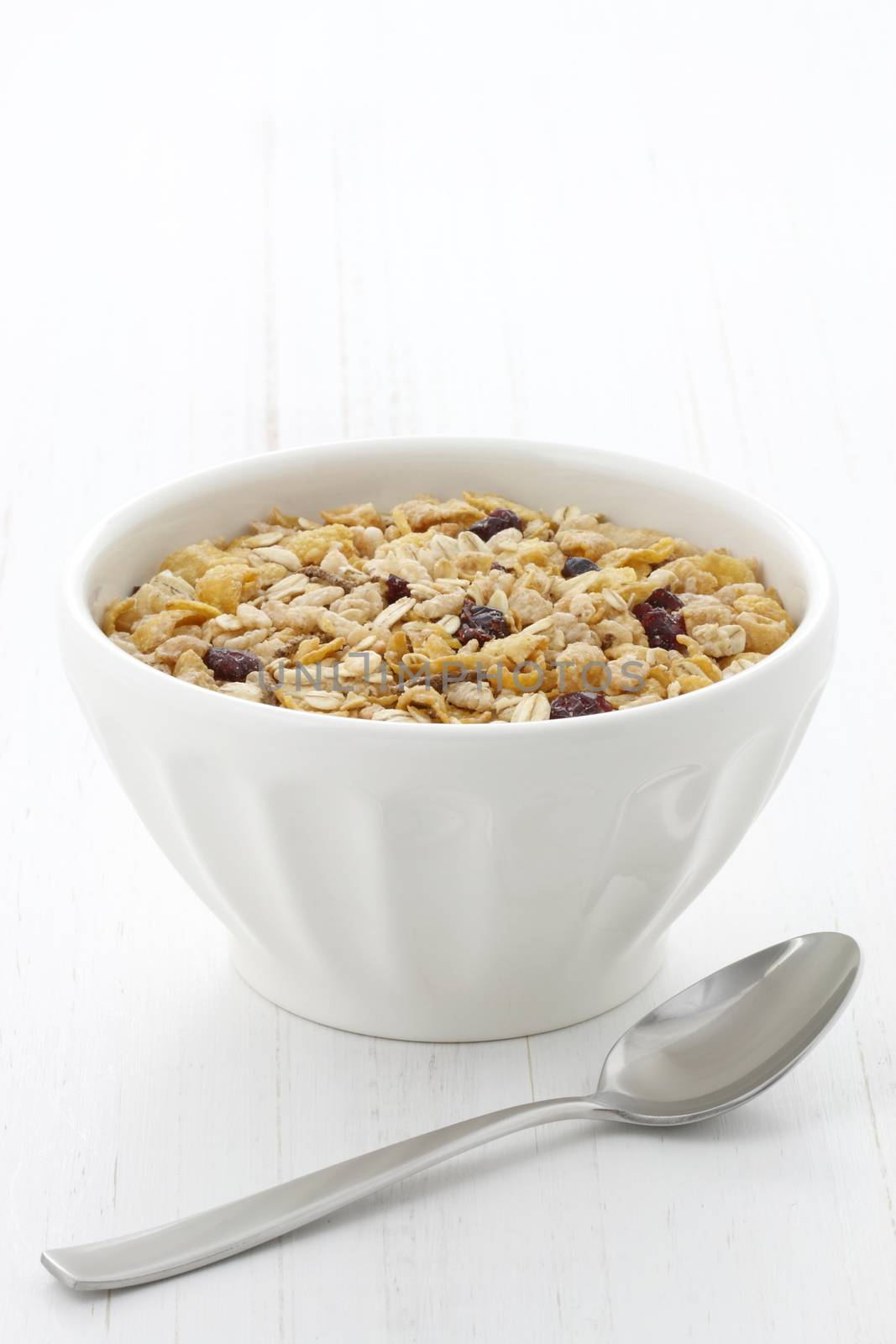 Delicious and nutritious lightly toasted breakfast muesli or granola cereal.