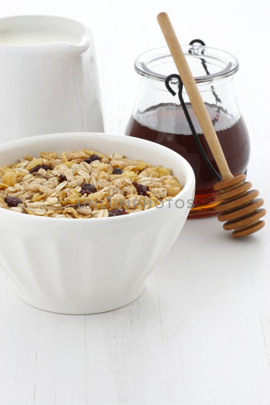 Delicious and nutritious lightly toasted breakfast muesli or granola cereal.