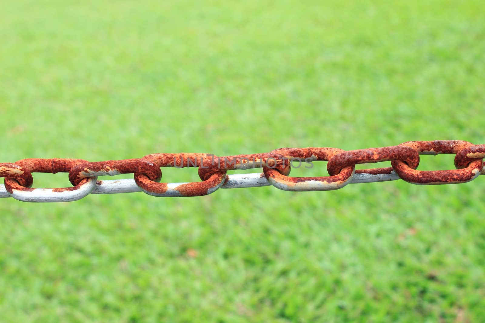 Old rusty metal chain links and green grass