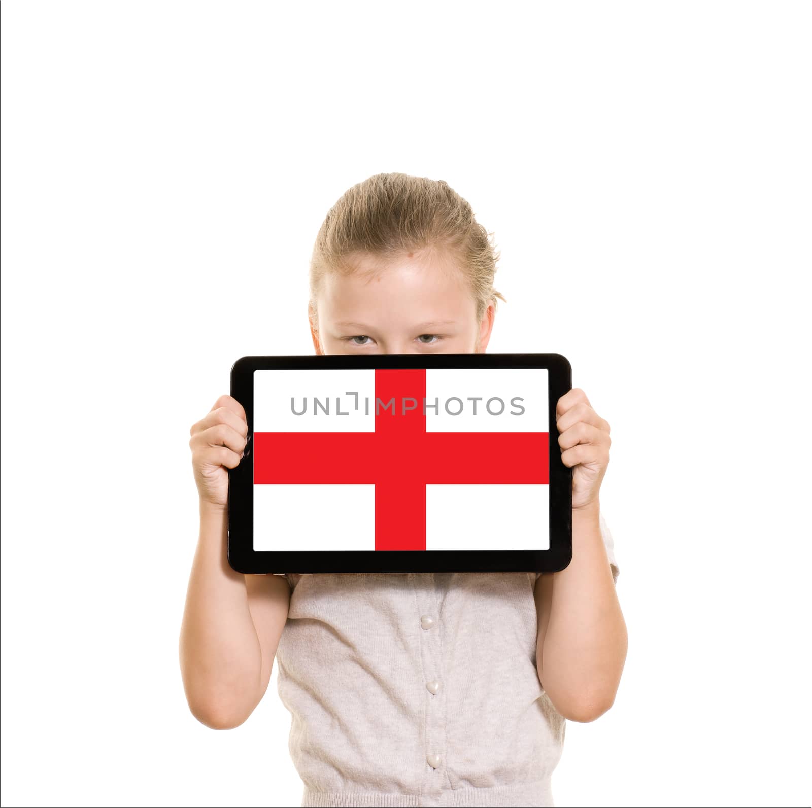 Girl holding tablet pc displaying English flag