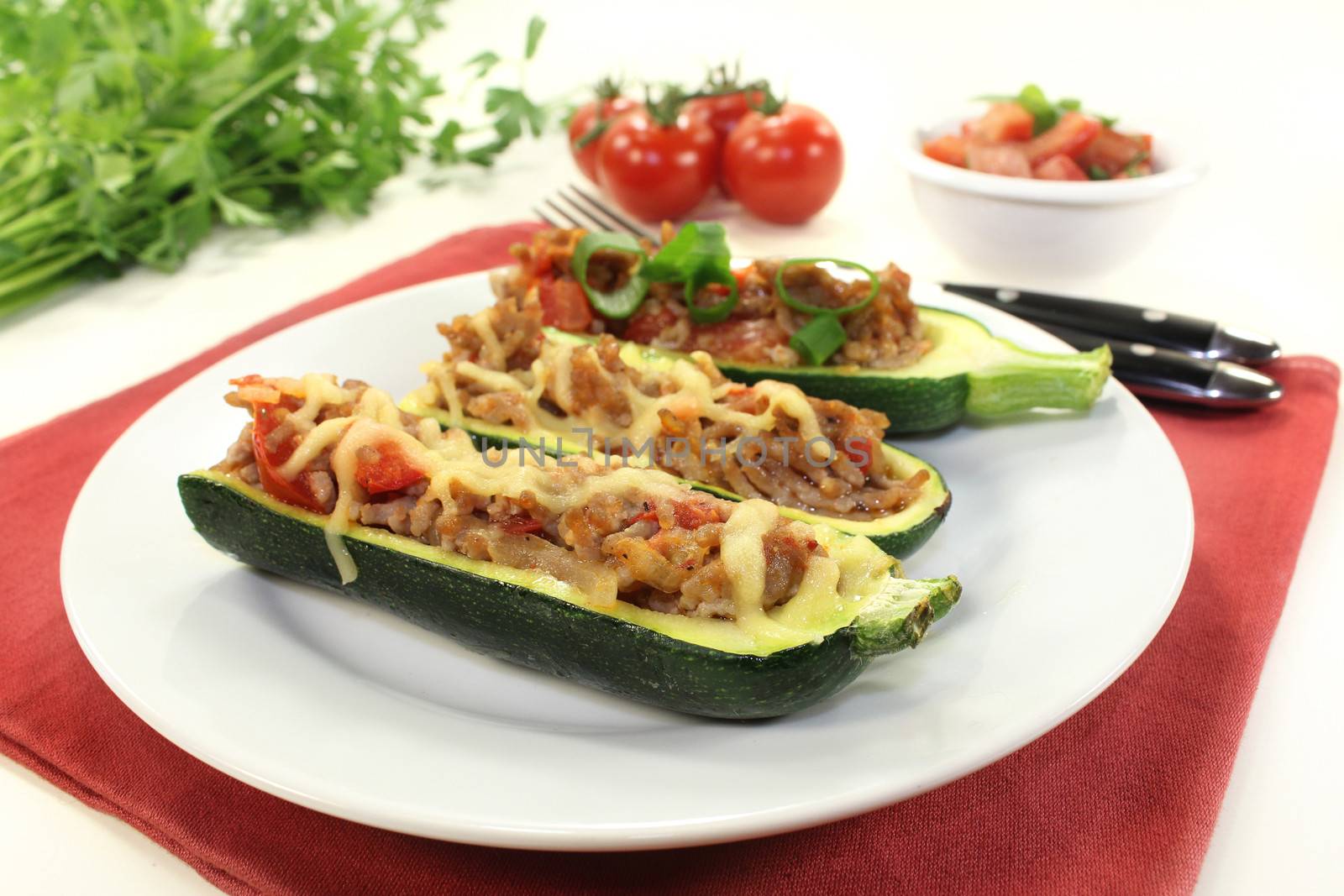 baked zucchini filled with mince meat and tomato