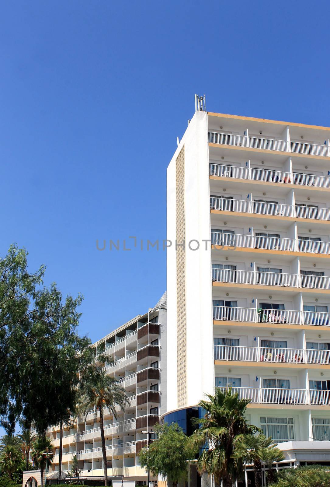 Exterior of hotel buildings on island of Majorca, Spain.