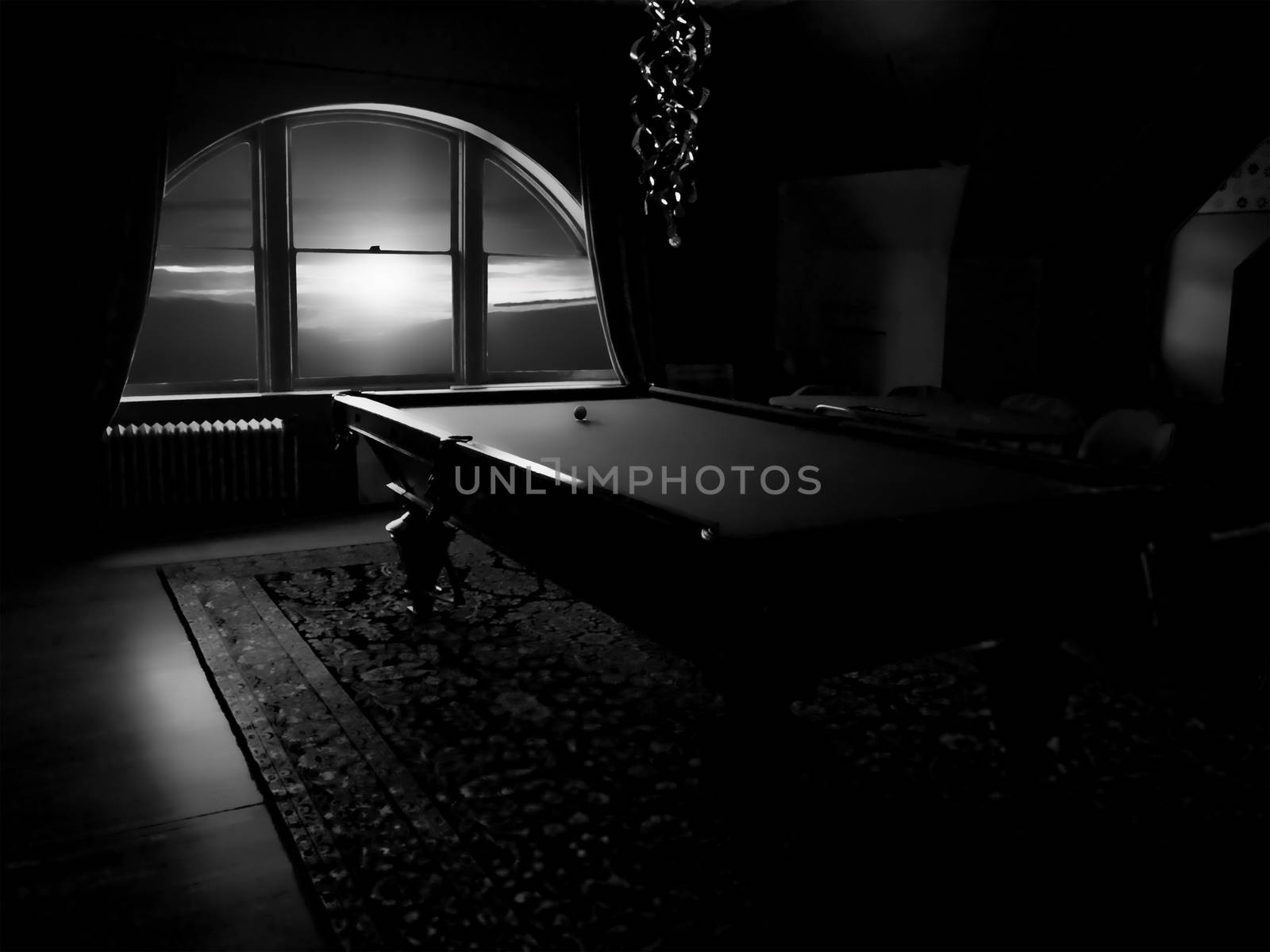 billiard room in an old mansion in black and white
