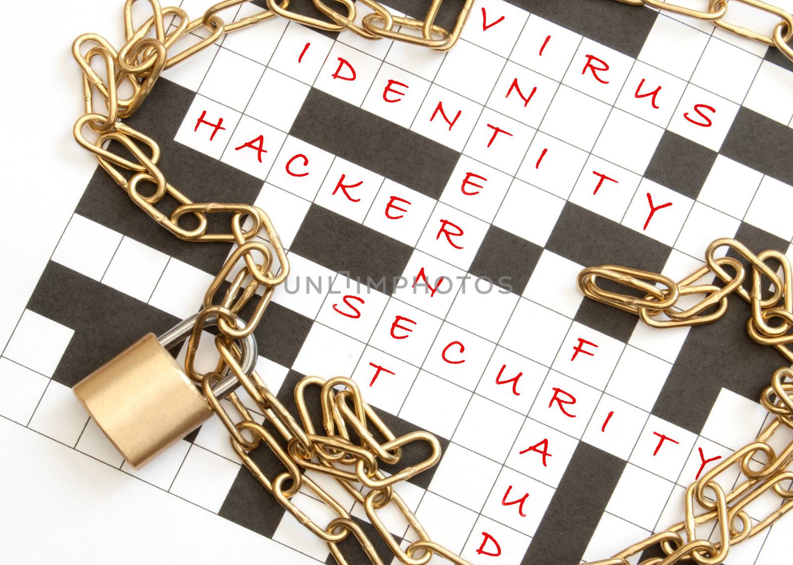 Padlock chain around a crossword with terms relating to internet security 