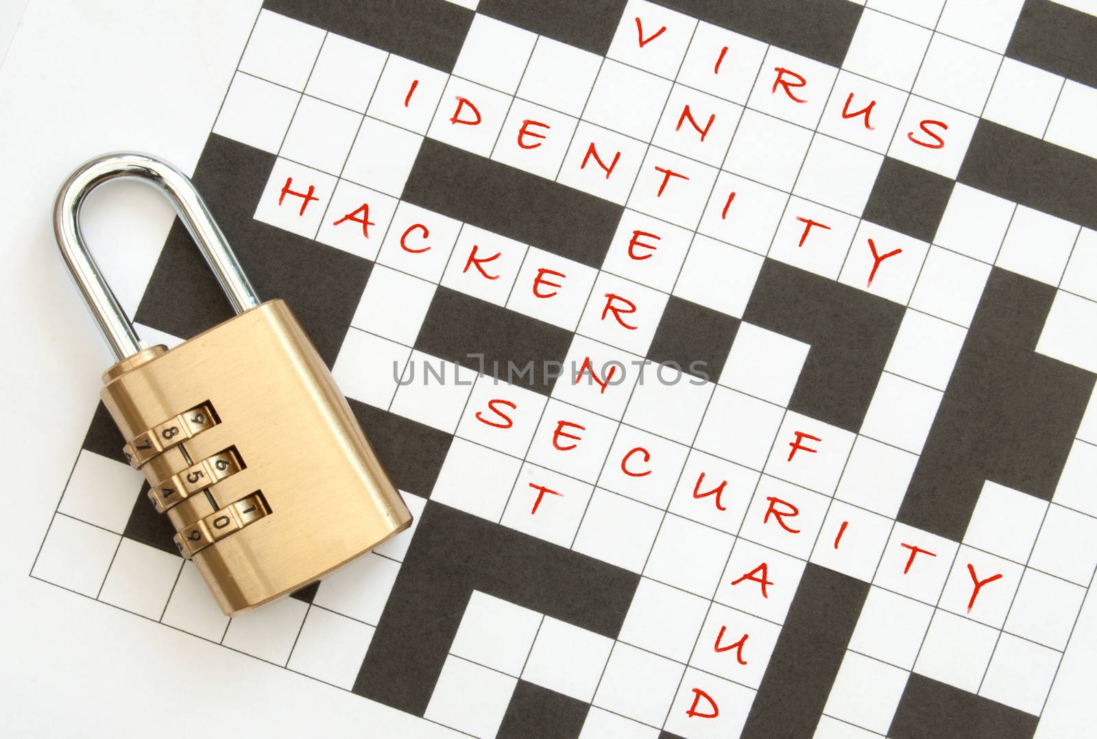 Padlock on a crossword with terms relating to internet security 