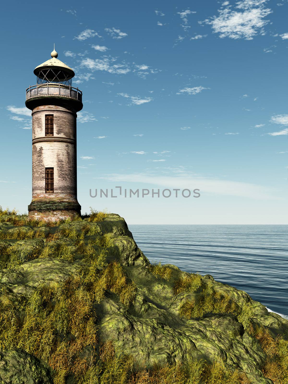 This image shows a old lighthouse with ocean