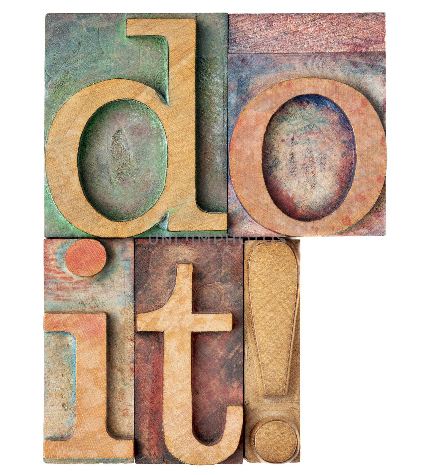 do it exclamation - motivation concept - isolated text in vintage wood letterpress printing blocks stained by color inks