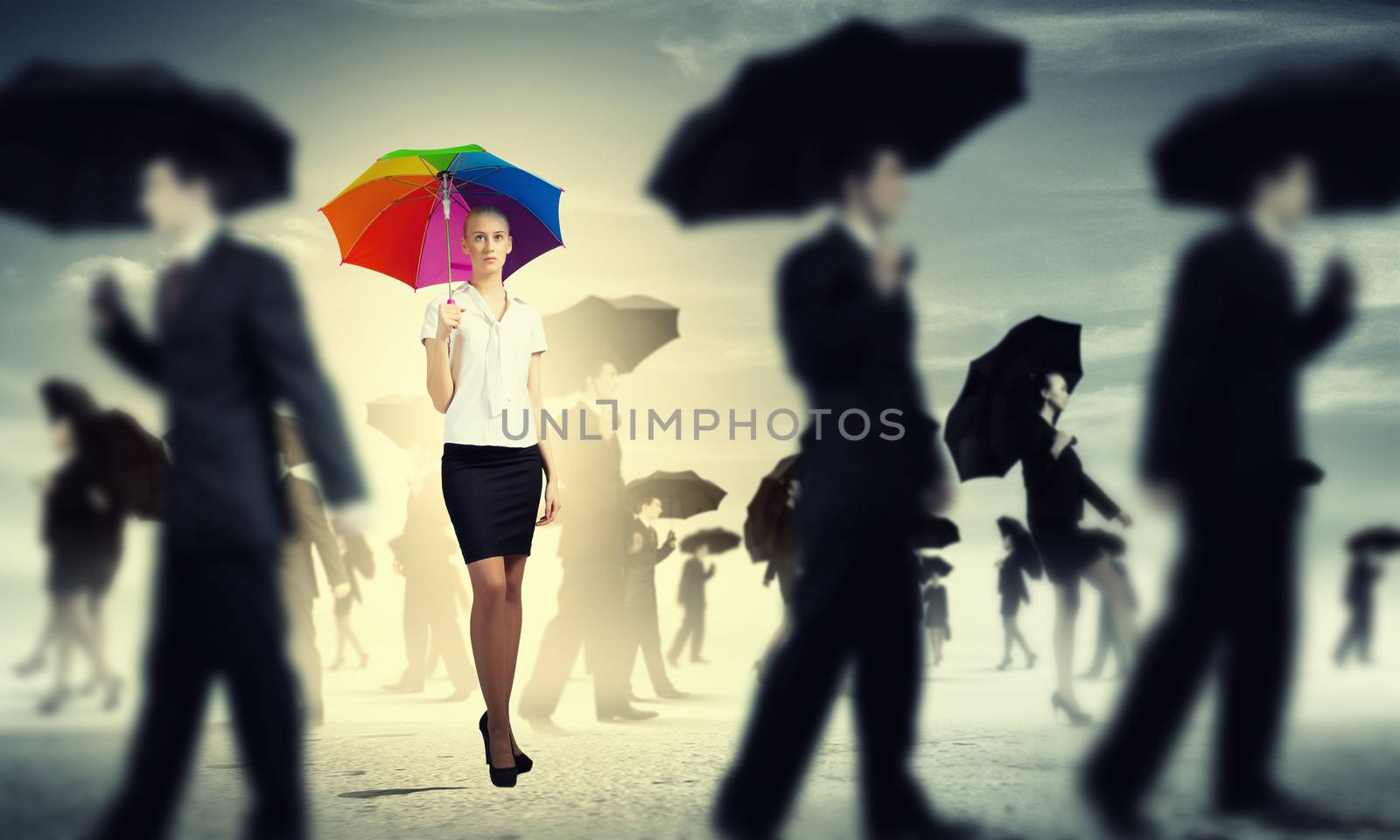 Businesswoman with umbrella by sergey_nivens