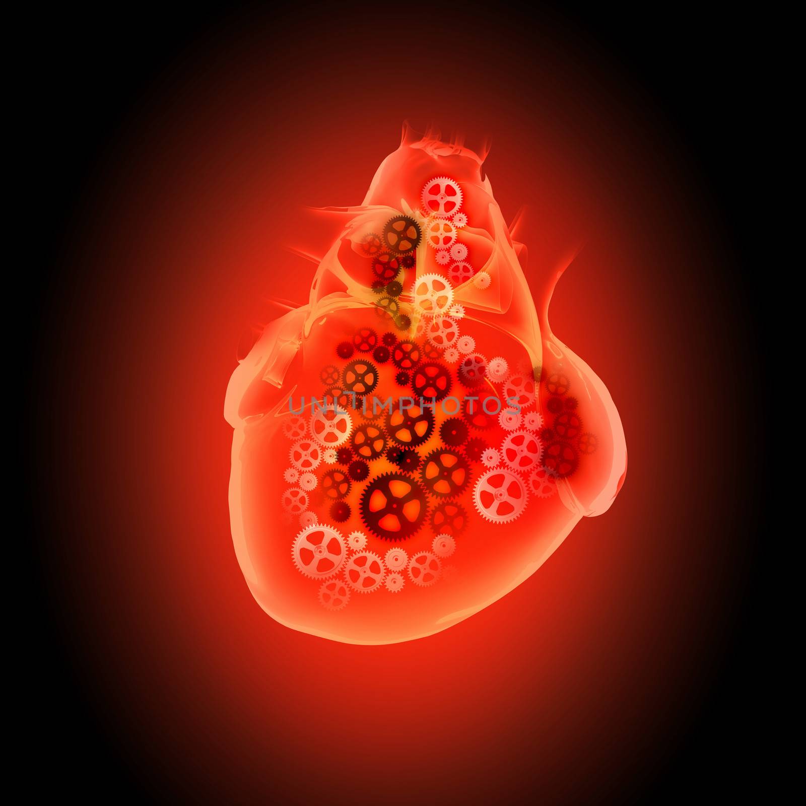 Human heart with cog and gear mechanisms against black background