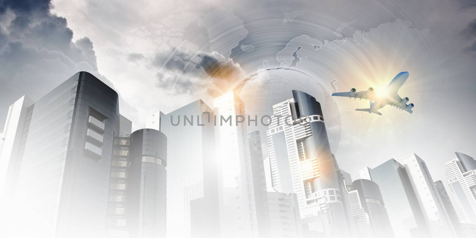 Plane flying above skyscrapers. Business travel concept