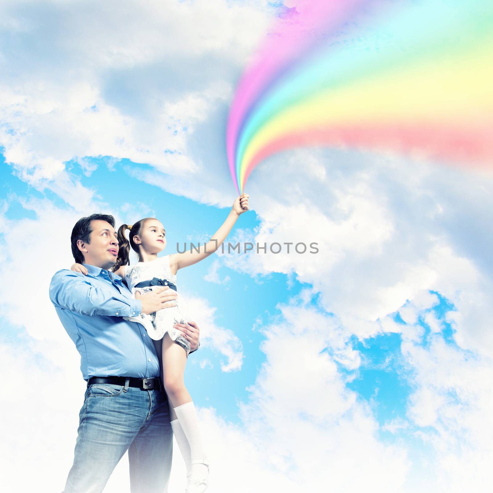 Image of happy father holding on hands daughter ad rainbow
