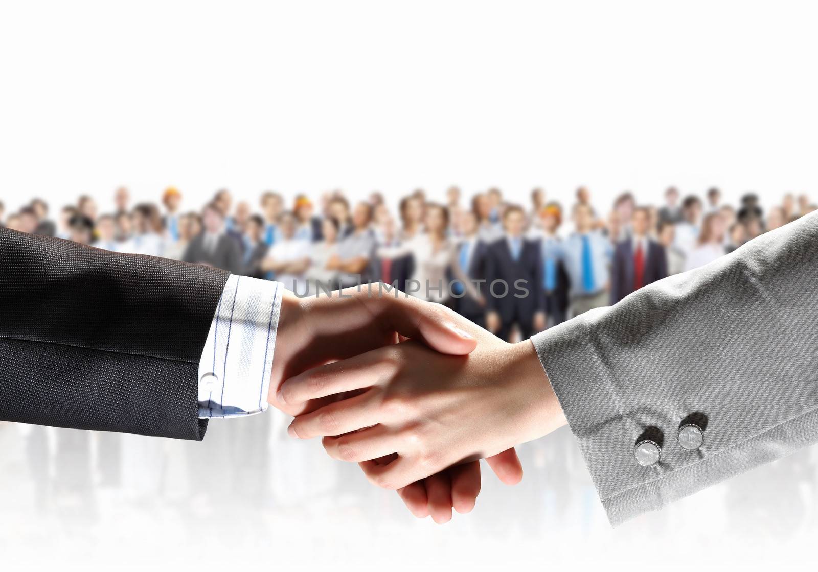 Handshake of business people with people at background