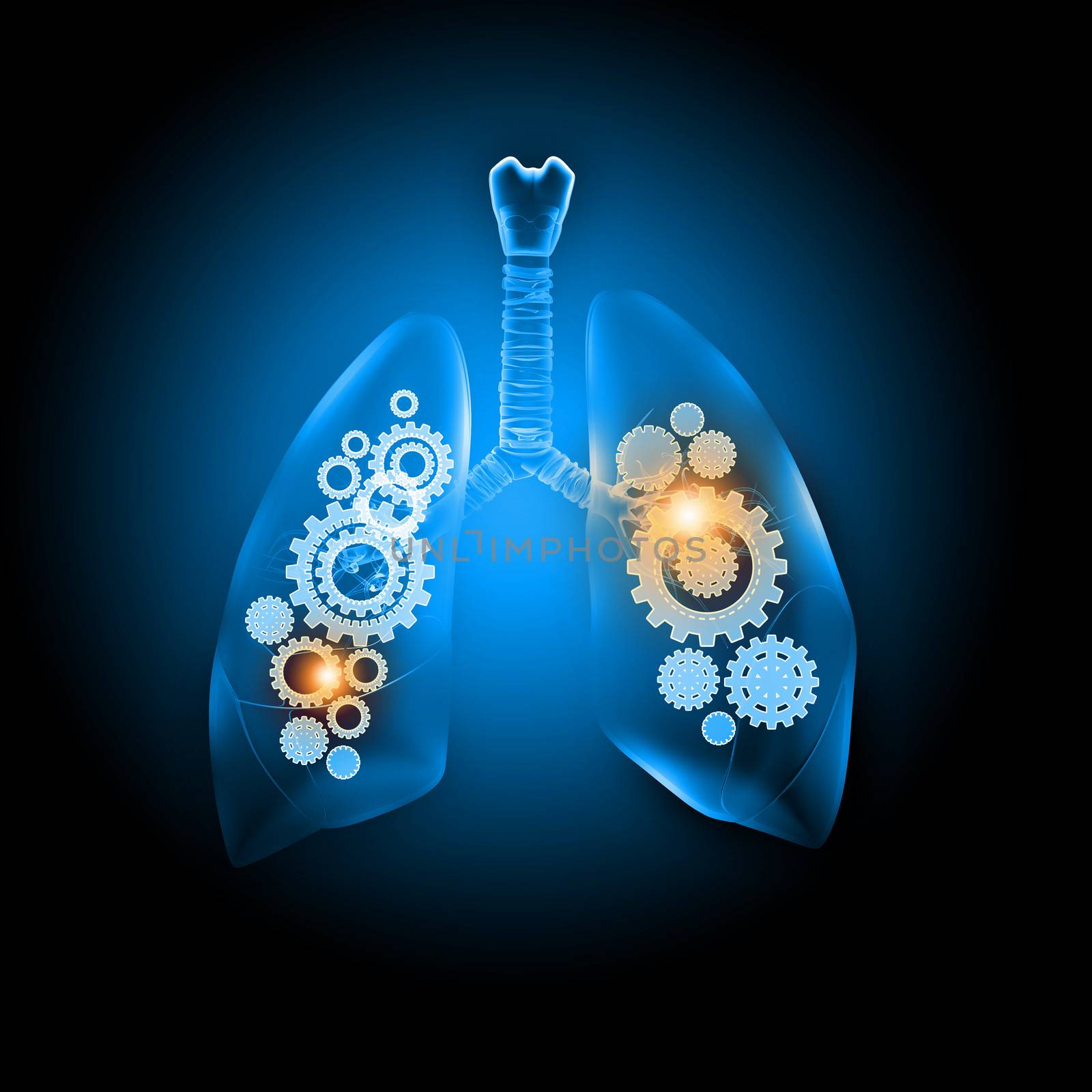 Illustration of human lungs with cog wheel mechanisms