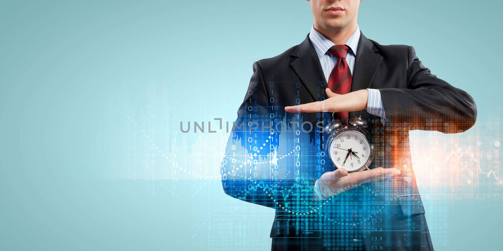 Image of businessman holding alarmclock against illustration background