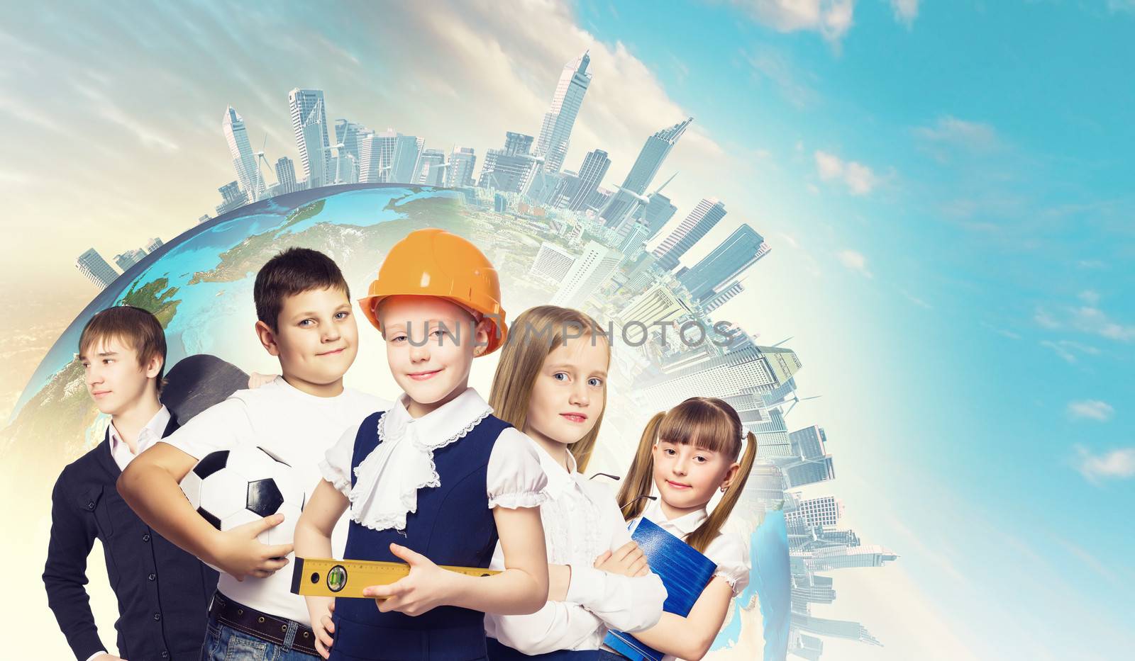 Image of kids of school age. Choosing profession. Elements of this image are furnished by NASA