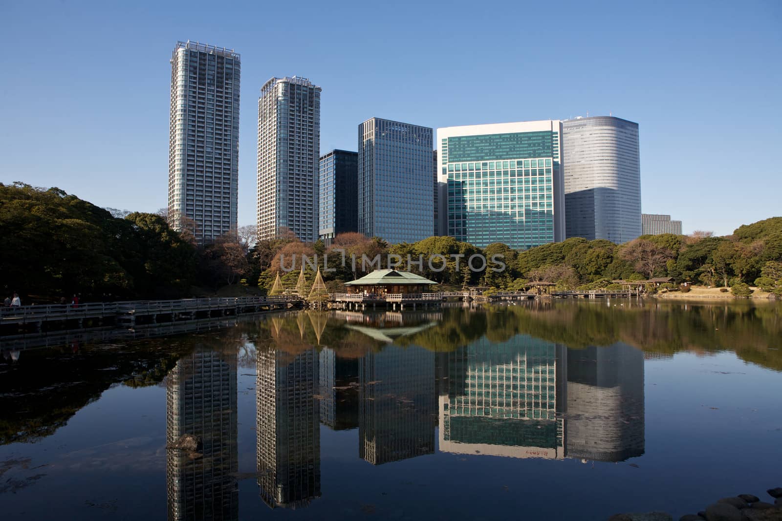 Hama Rikyu Gardens, Tokyo City Business Buildings Impressive Modern Architectural Lines and Reflections Against the Lake Asia and Travel