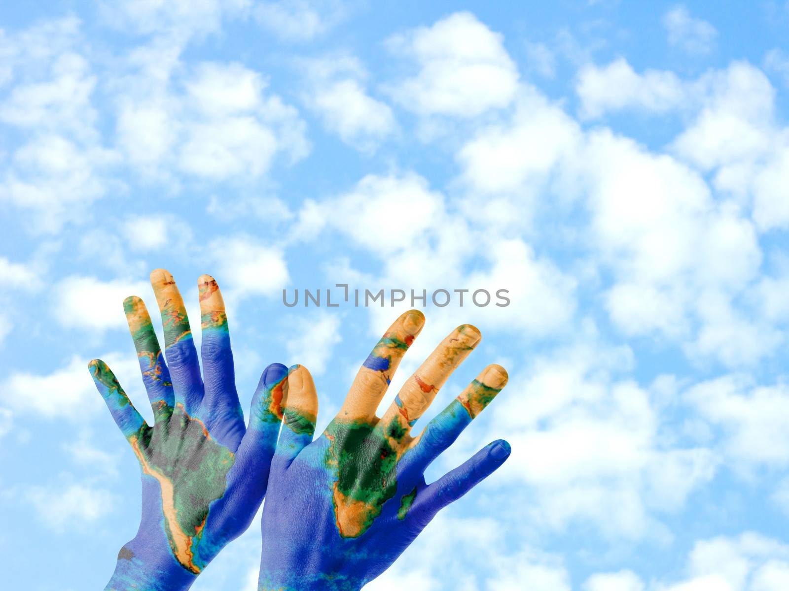 A pair of hands on a bird-kind position, painted as the Earth planet and symbolizing Peace on Earth. Image of the world map is courtesy of NASA.