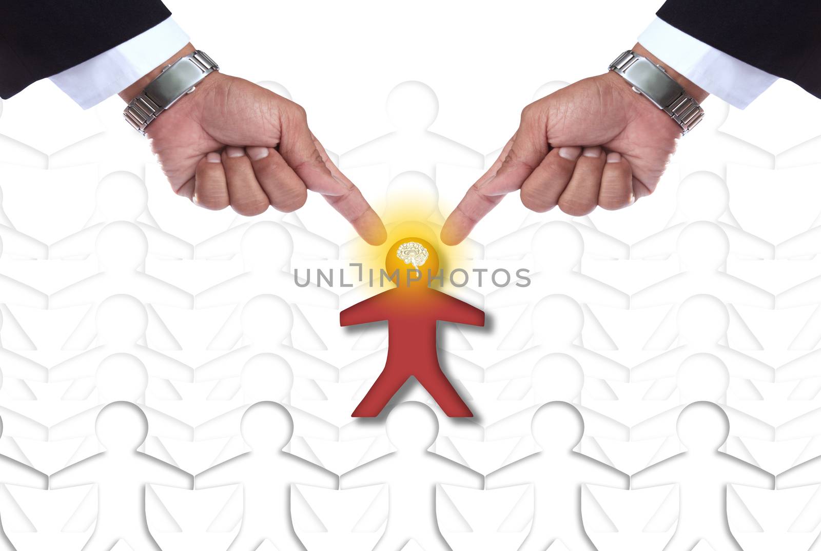 hand of business man selected on red man icon with brain in head