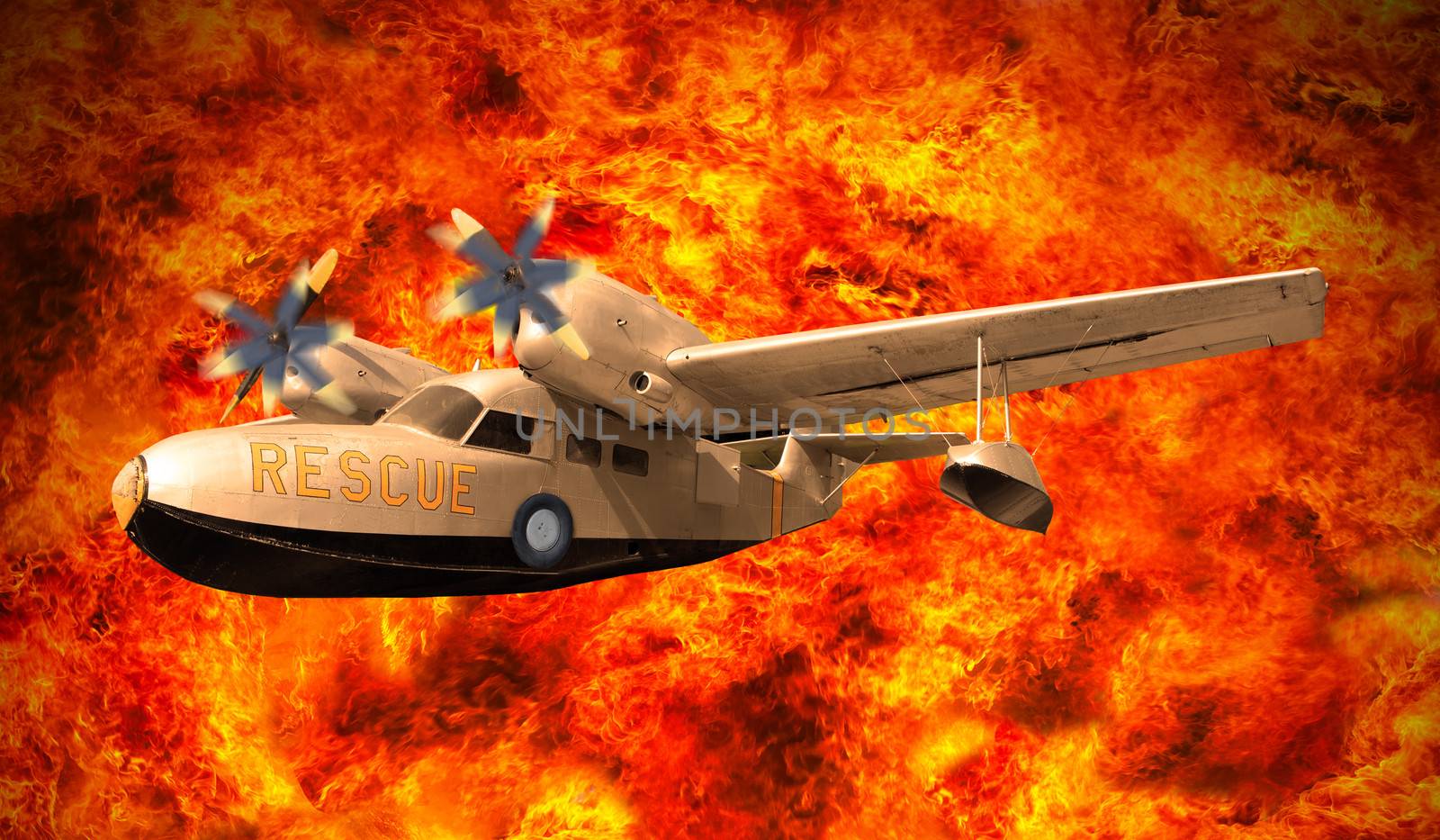 rescue plane flying over fire burning