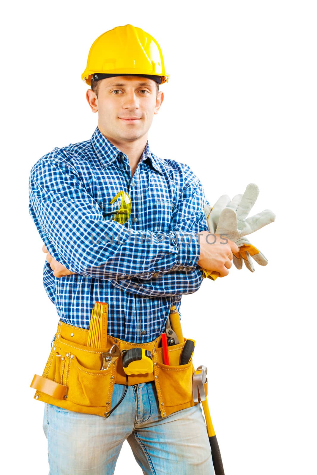 worker holding gloves isolated