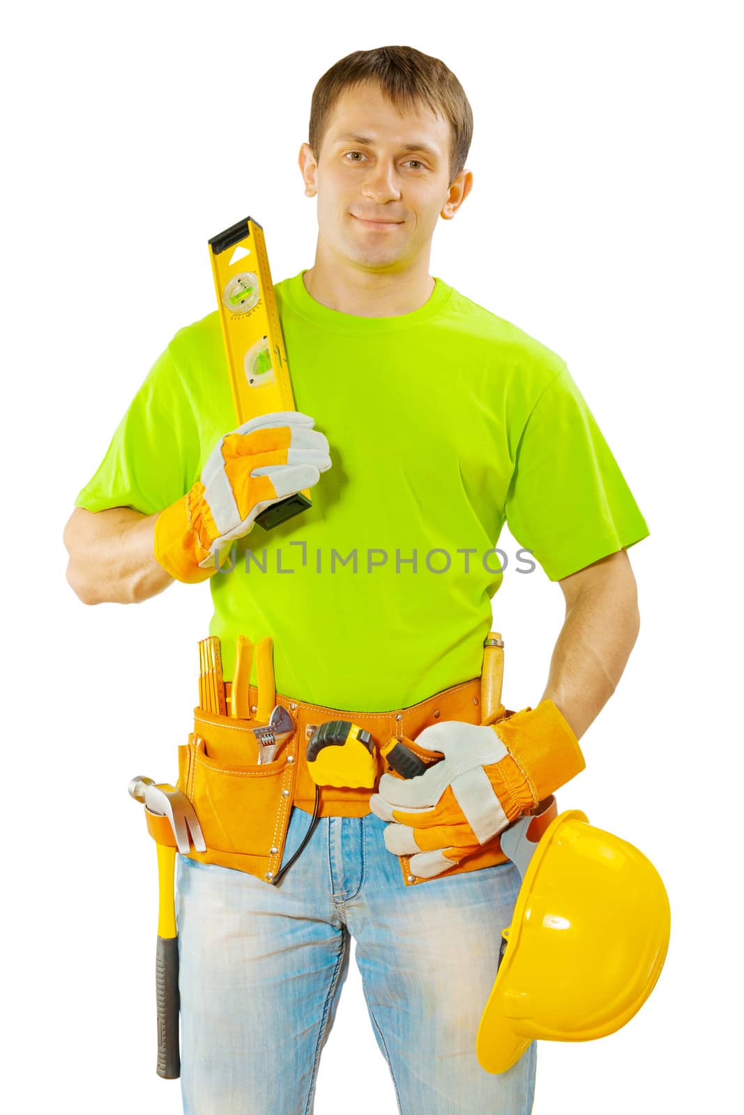 worker in green t-shirt with tools