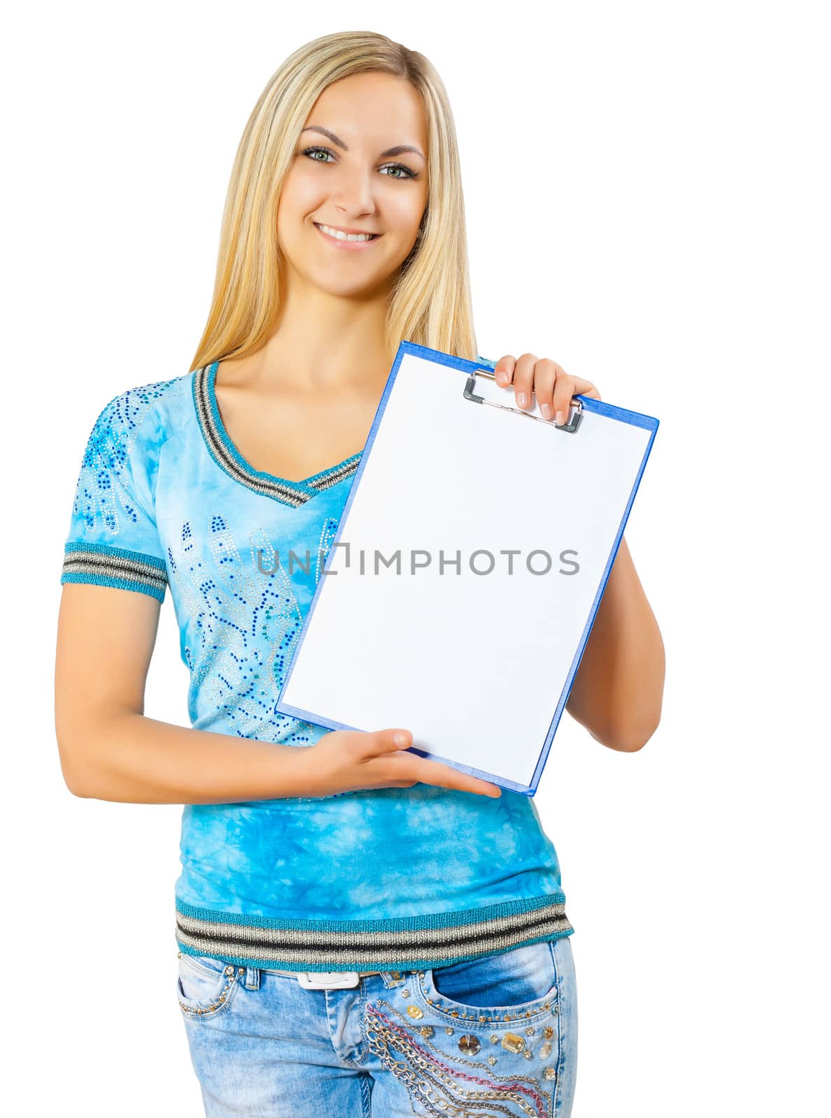 a young woman holding clipboard