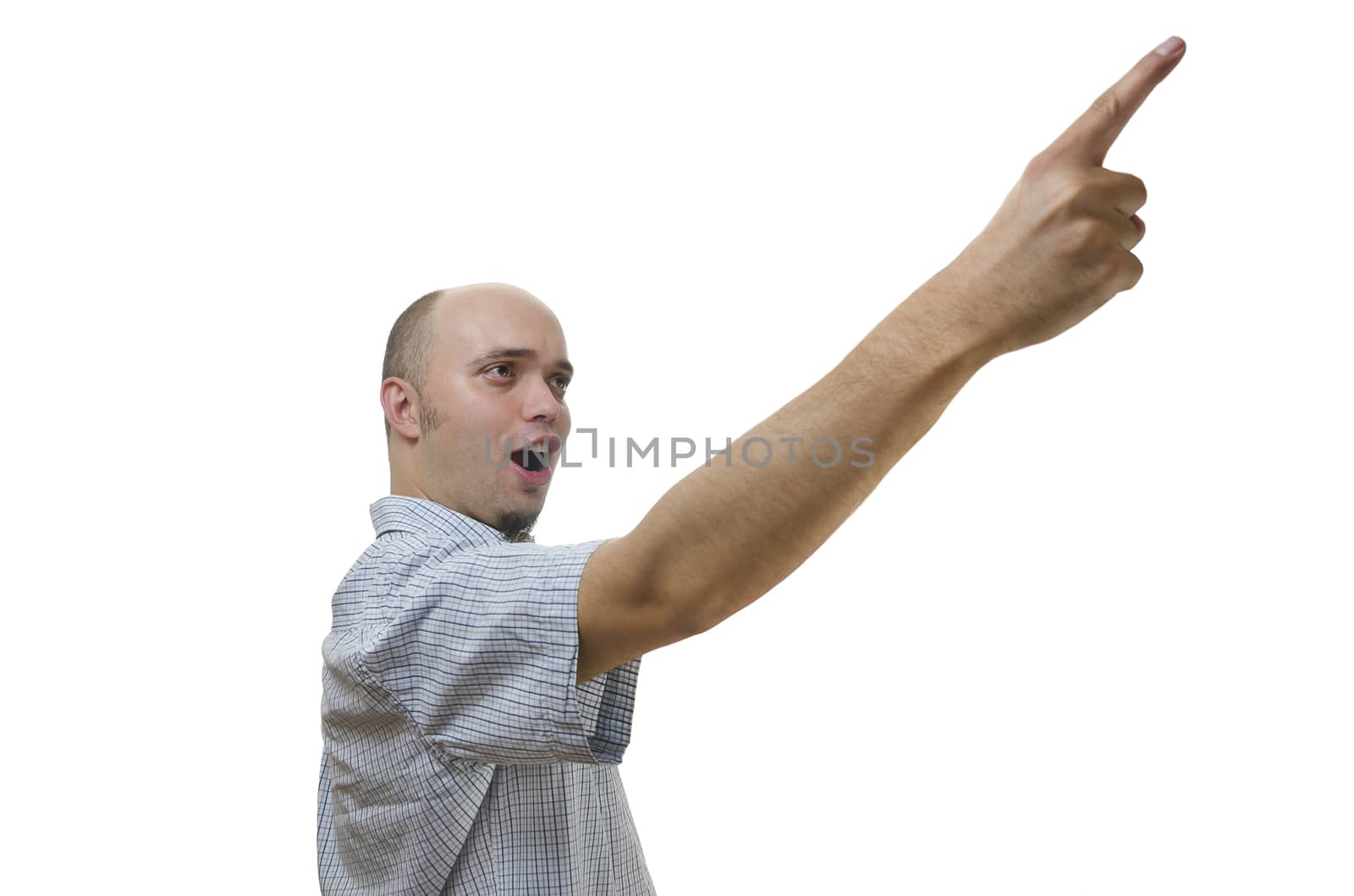 young man pointing upwards with his finger on white background