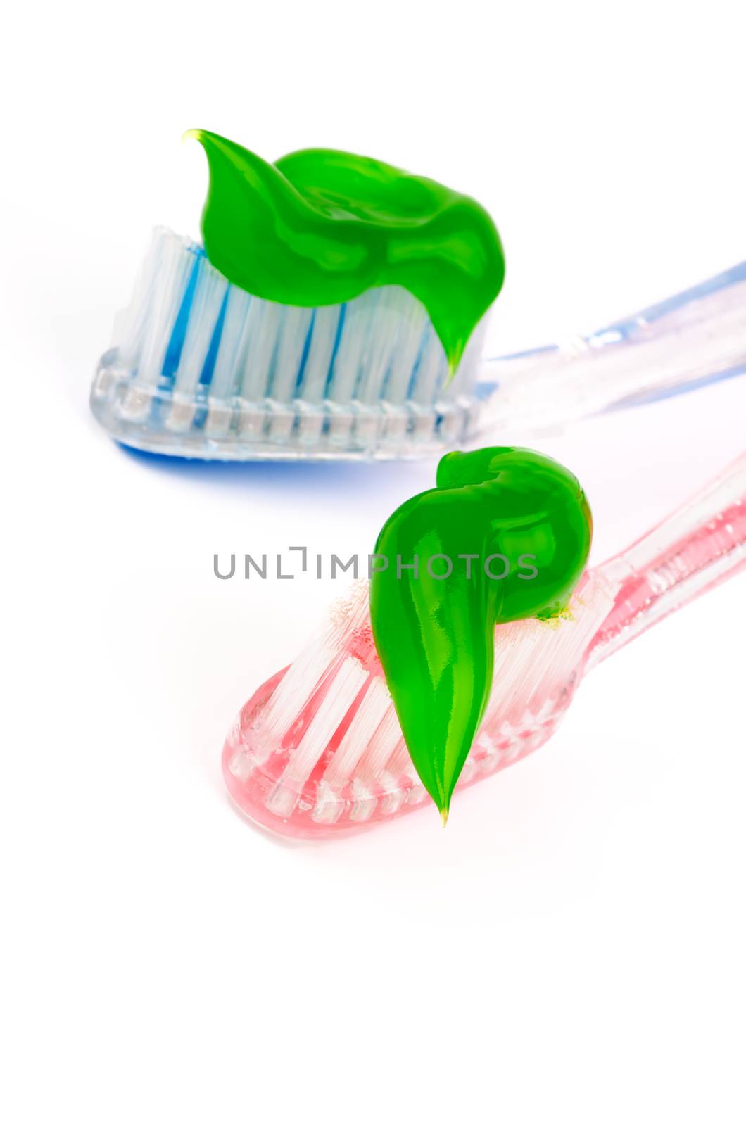 Two Toothbrushes with Green Herbal Toothpaste closeup on white background