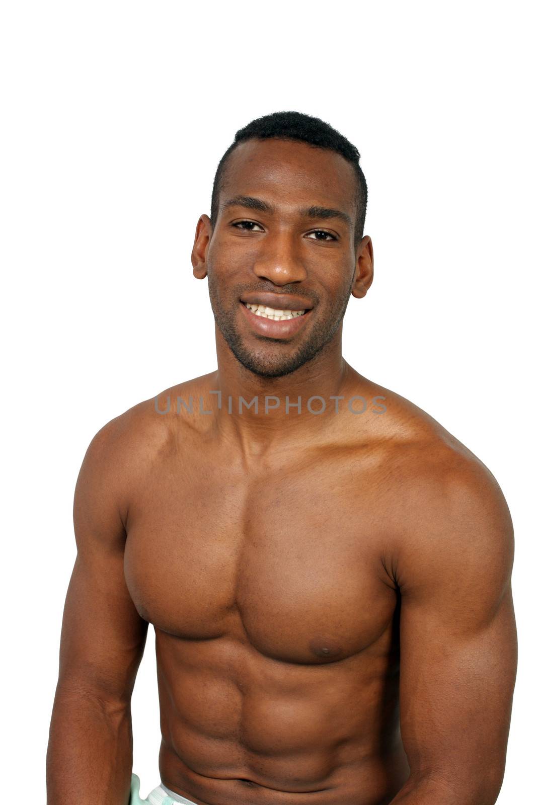 A handsome, muscular smiling black man, isolated on a white background with generous copyspace.