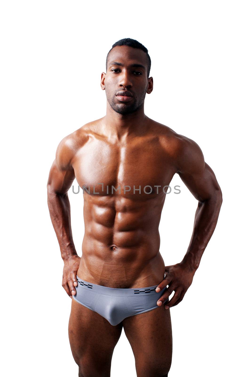 A handsome, muscular black man, isolated on a white background with generous copyspace.