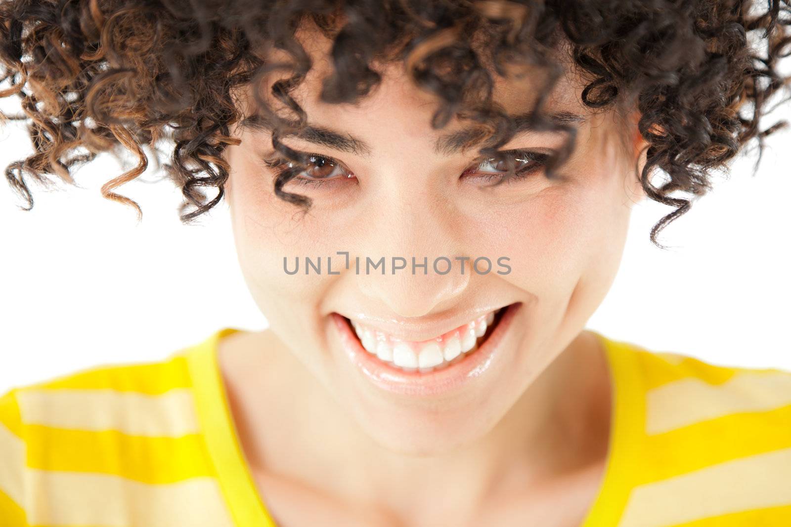 beautiful smiling girls face close-up on white