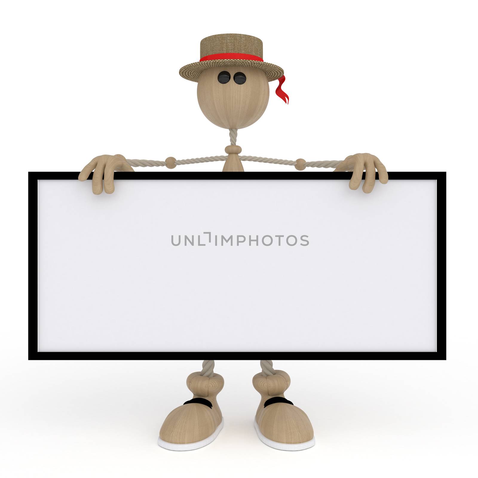 The wooden character holds a billboard.