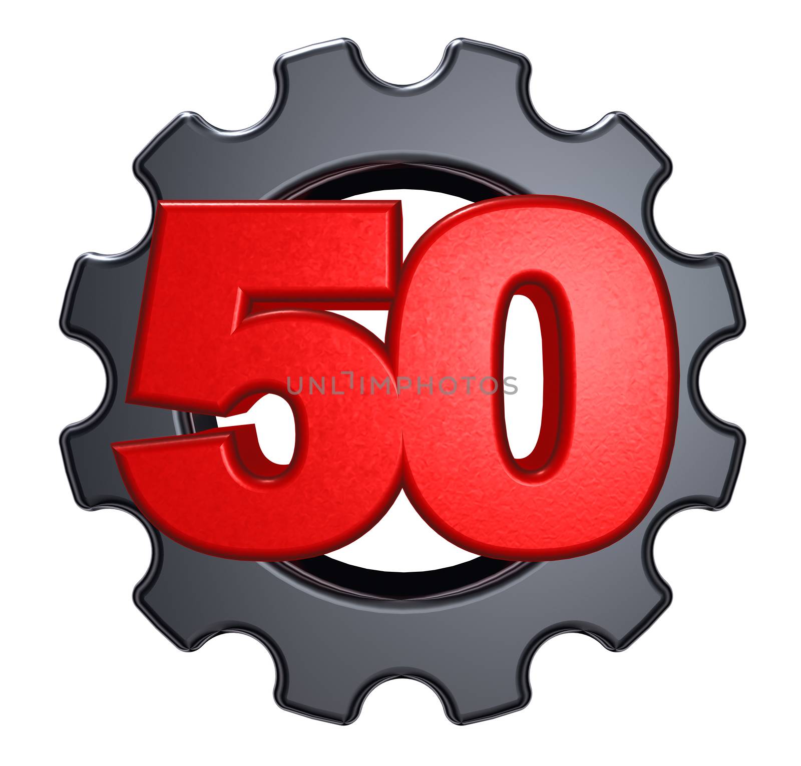 number fifty and gear wheel on white background - 3d illustration