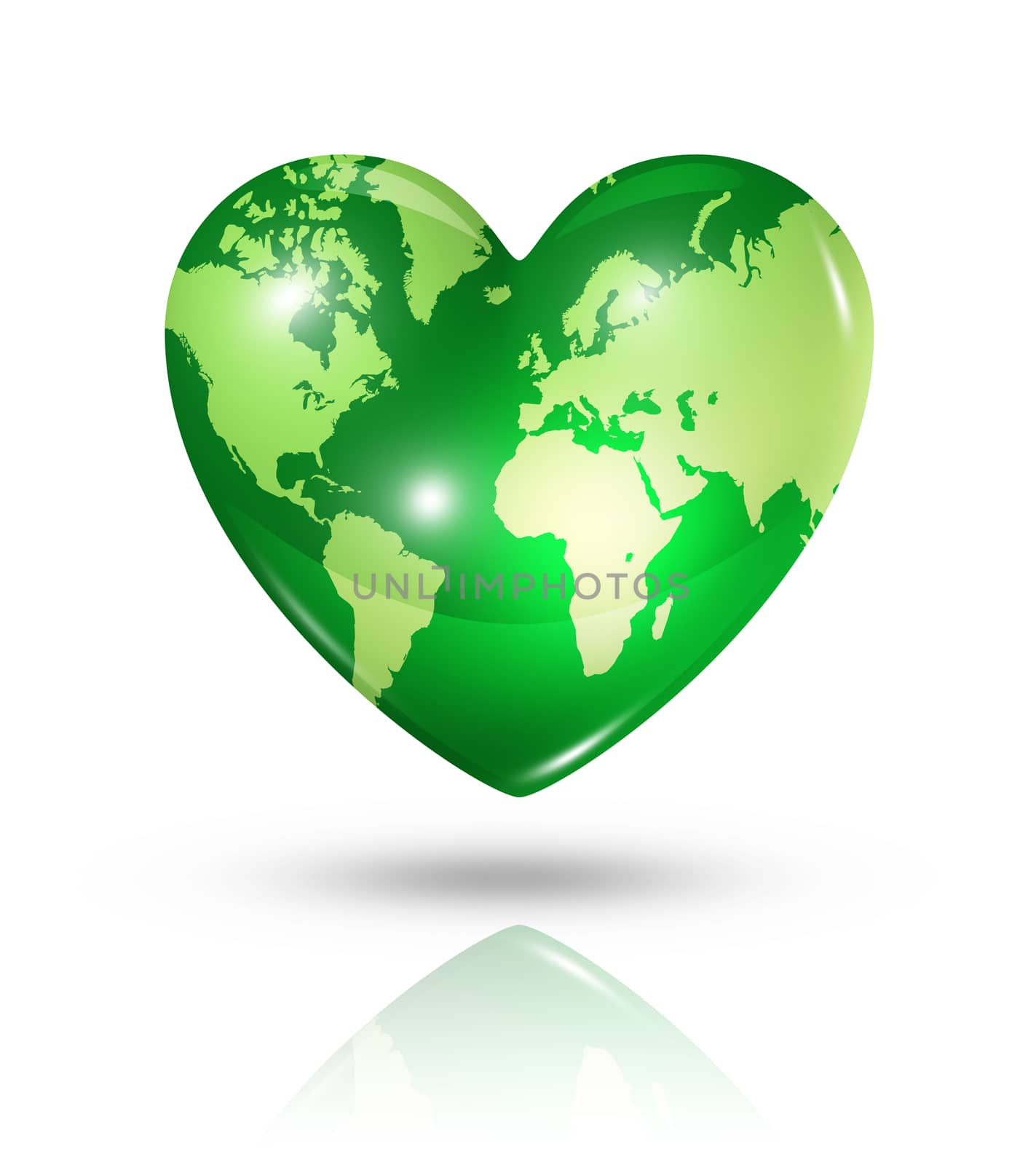 Love earth symbol. 3D world map in a heart. Icon isolated on white with clipping path