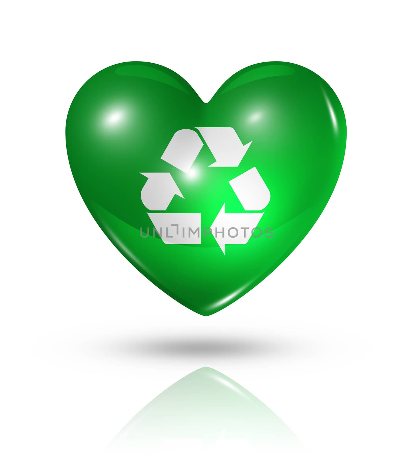 Love recycling, environment symbol. 3D heart icon isolated on white with clipping path