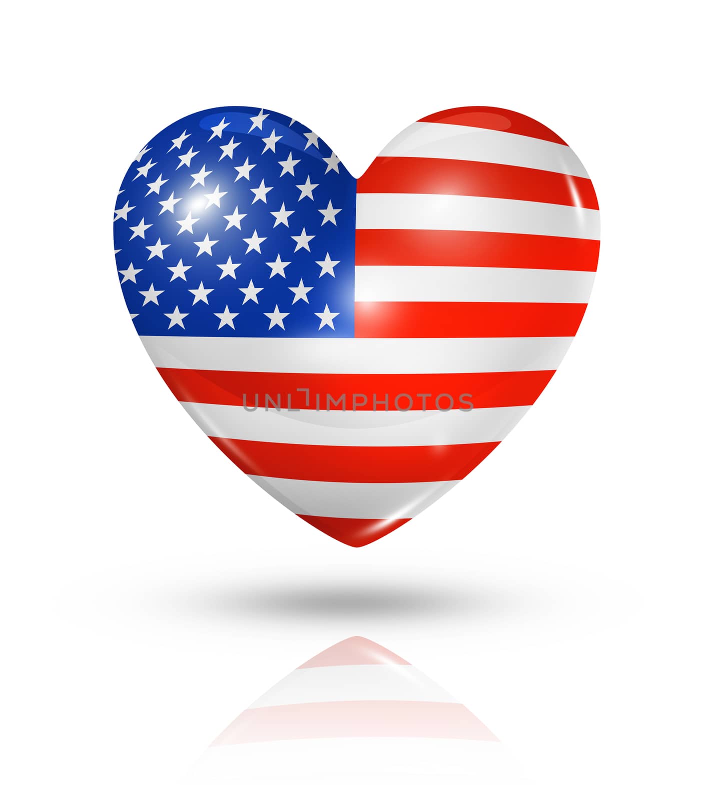 Love USA symbol. 3D heart flag icon isolated on white with clipping path