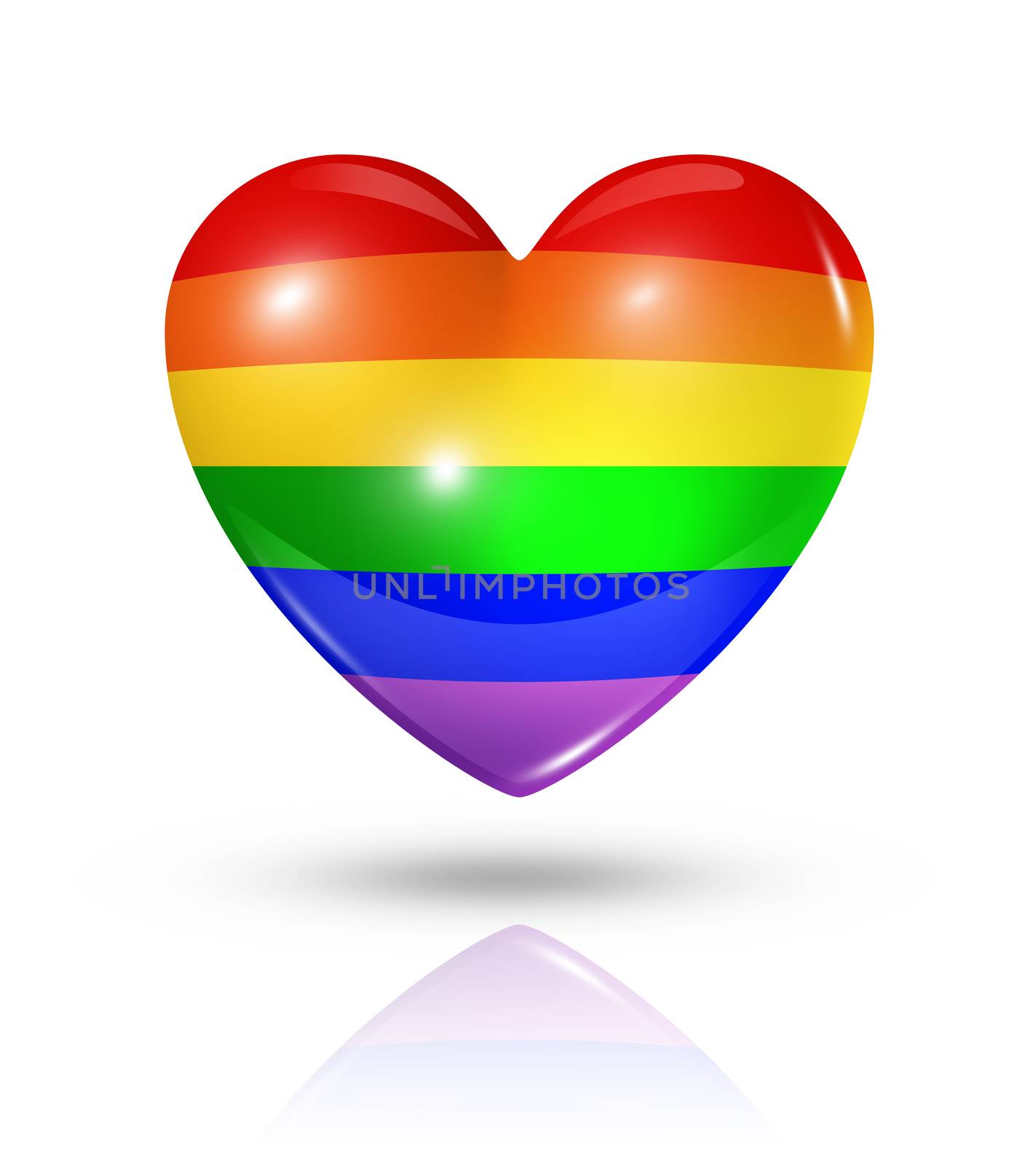 Gay pride love symbol. 3D rainbow heart flag icon isolated on white with clipping path