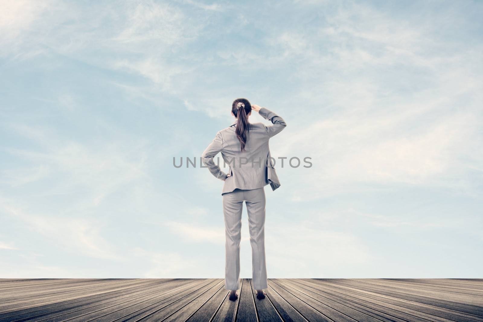 Concept of success with businesswoman standing on the wooden surface and looking ahead for the opportunities. Rear view.