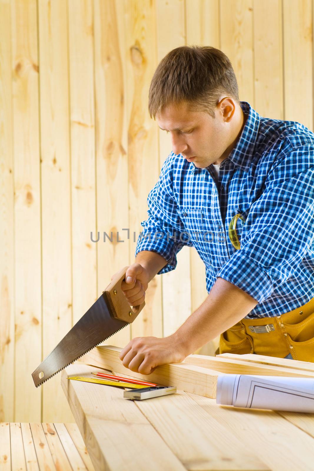 carpenter cuts the plank