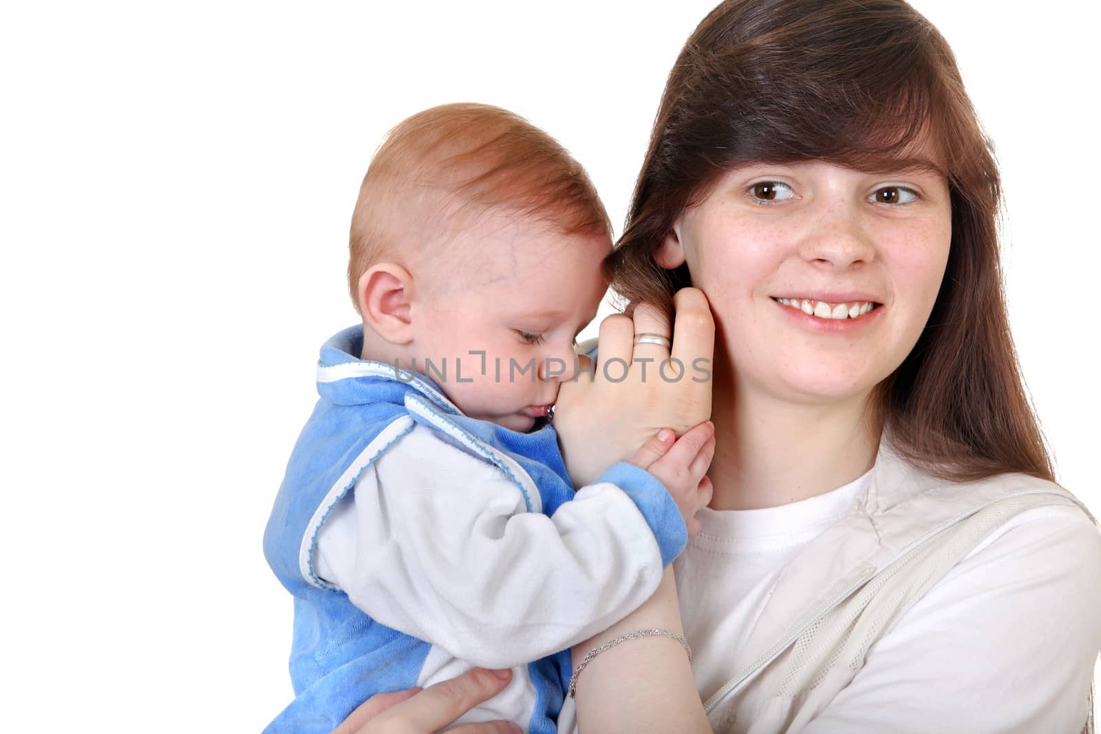 Young Mother and beautiful Baby Boy Isolated on the White Background