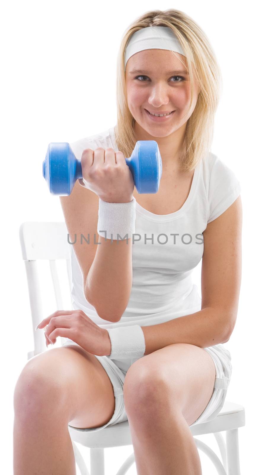 girl training with blue dumbbell