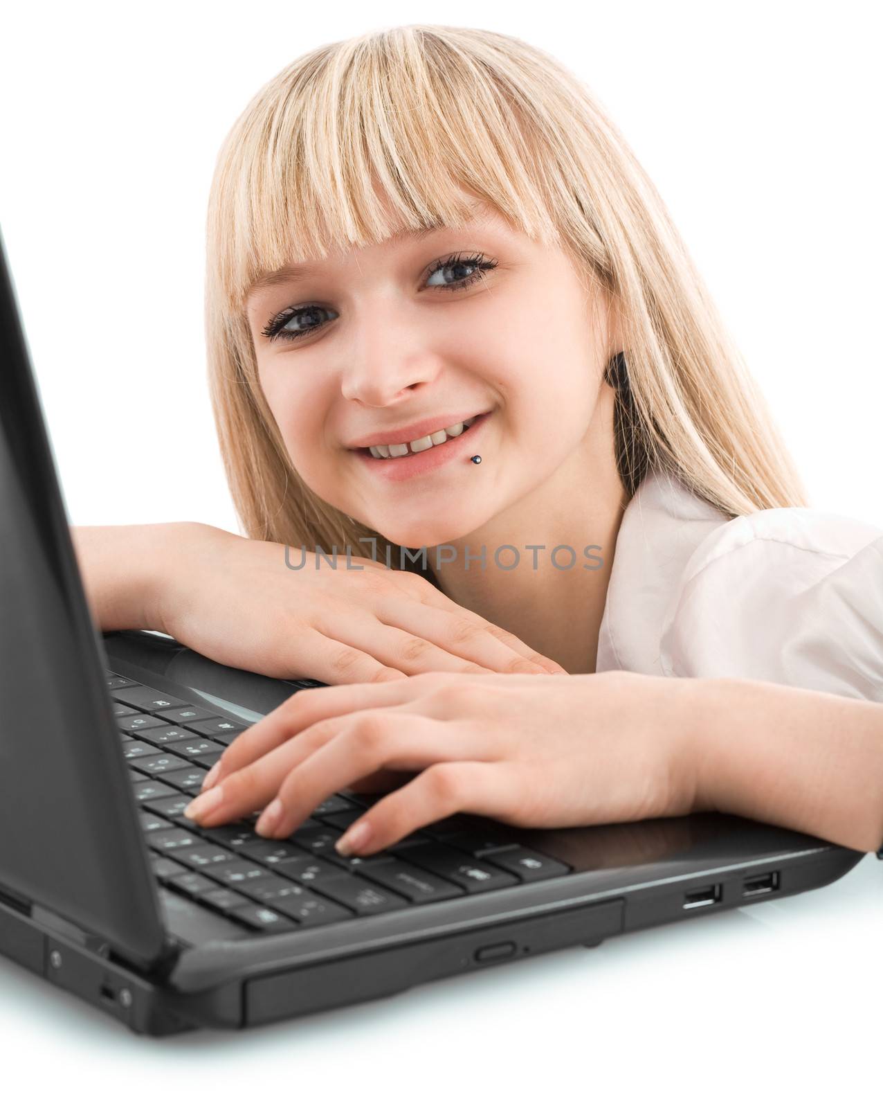 smiling young girl with laptop by mihalec