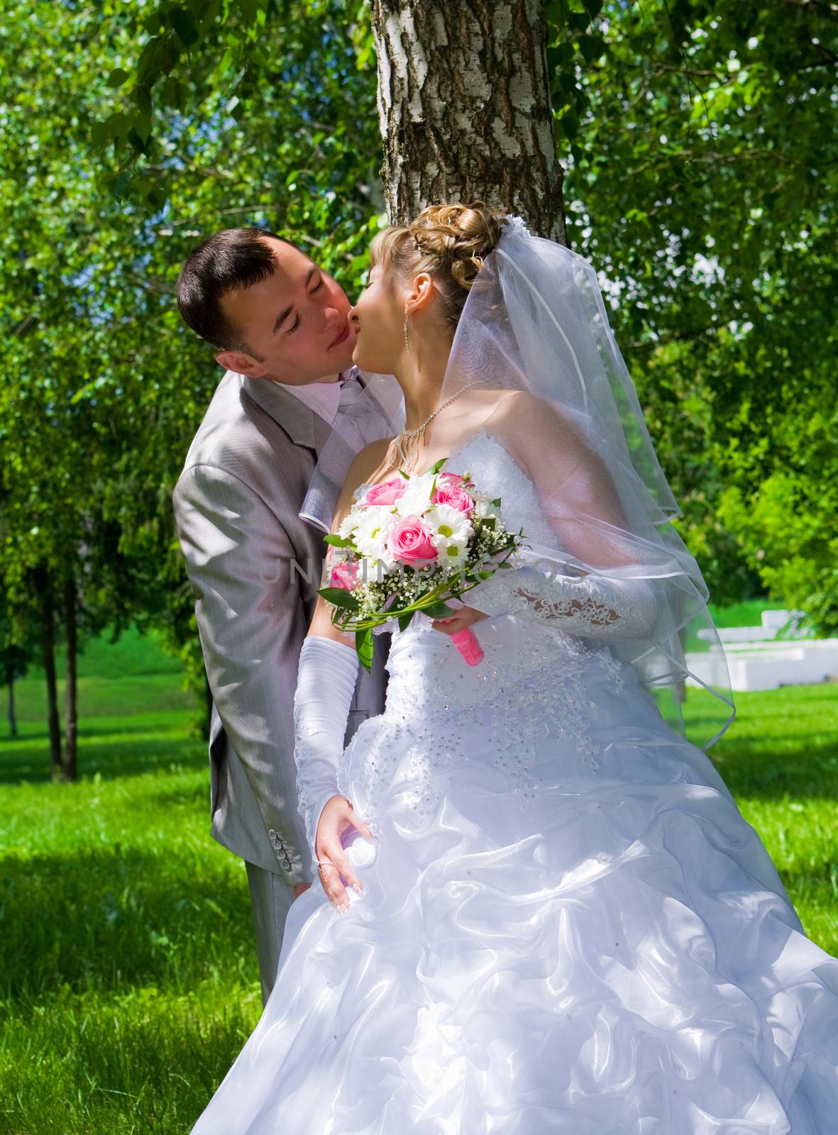 The wedding pair kisses near a tree trunk by mihalec