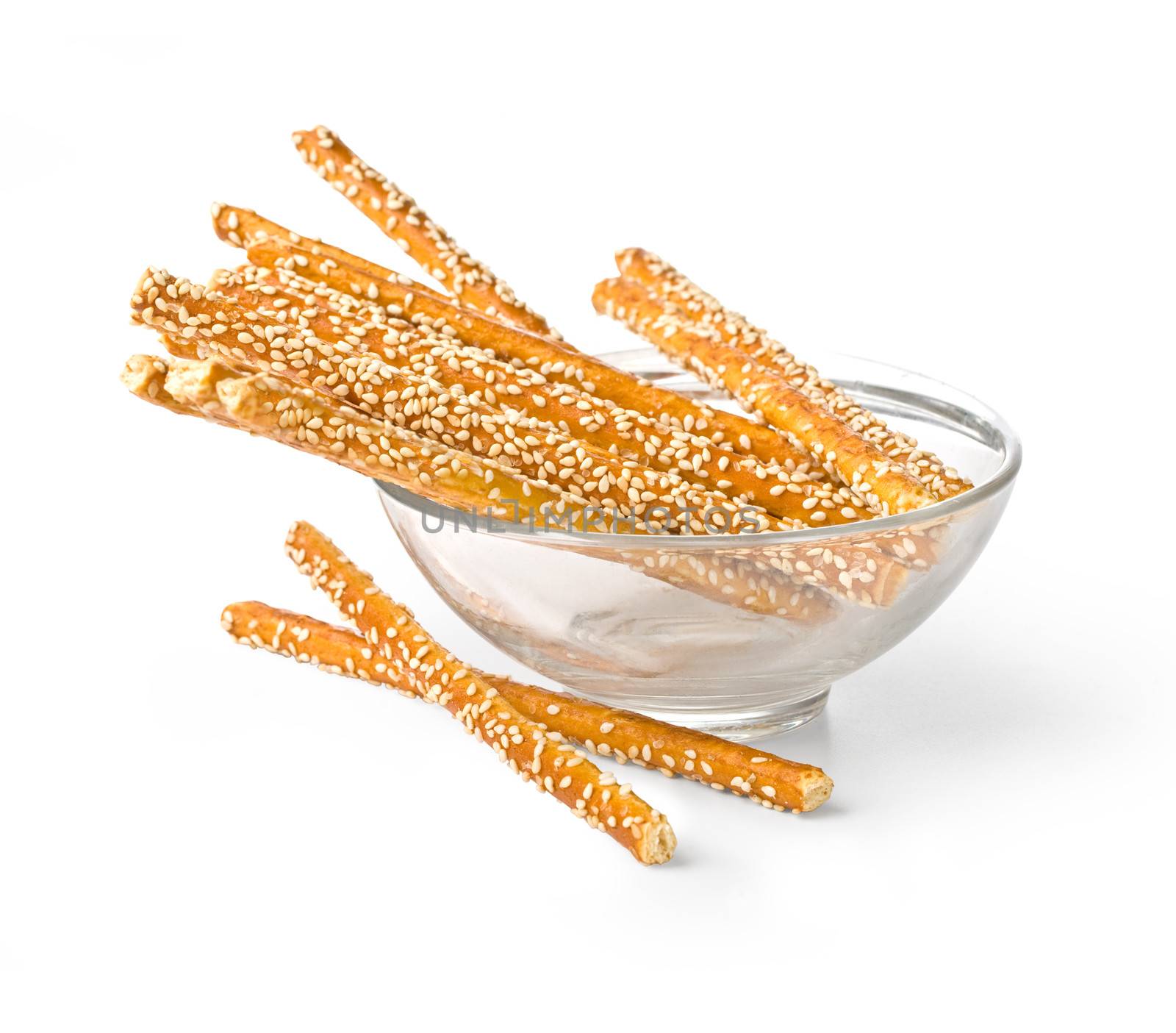 pretzel sticks coated sesame arranges in a bowl .with clipping path